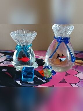 Handmade Glass Art Lot Fish In A Bag Aquaruim Glass Fish Multicolor